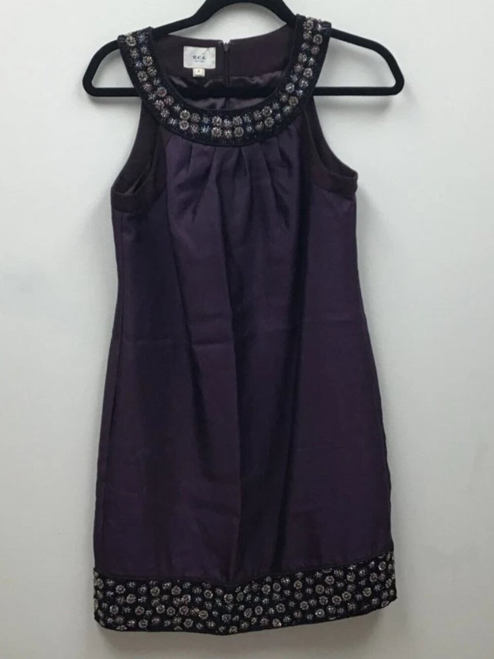 ECI Women's Purple Pleated Round Neck Zipper Stretch Beaded Dress
